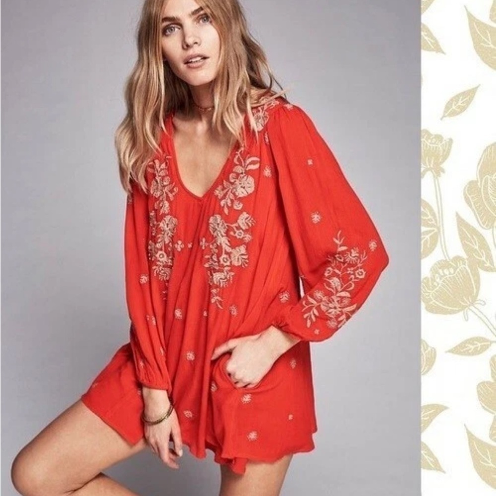 Free People Sweet Tennessee Red Floral Embroidered Mini Tunic Dress S Boho Beach - Picture 4 of 14